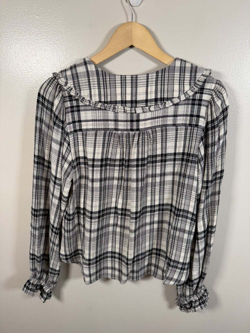 Pilcro Anthropologie Keira Top Size Small Black Ivory Plaid Peter Pan Collar - Picture 3 of 12